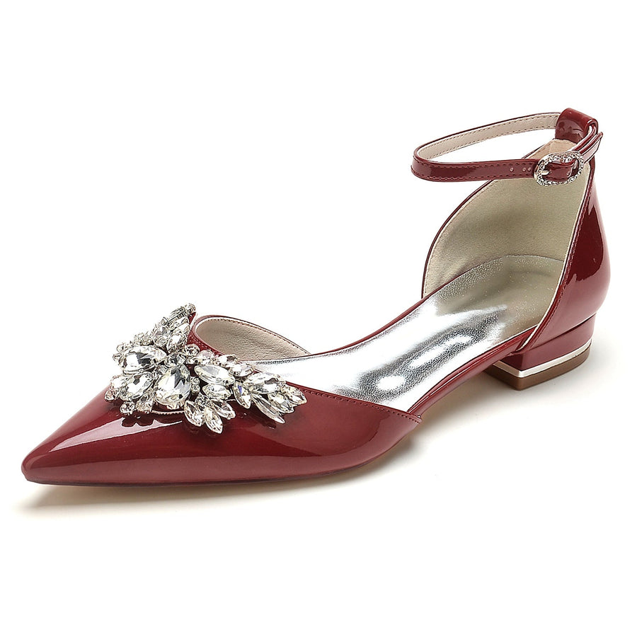 Damen Lackleder Spiegel Finish Mit Knöchelriemen Strass Geschlossene Zehen Flache Ferse Brautschuhe
