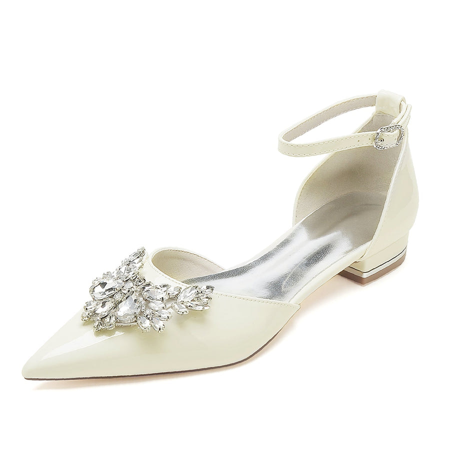 Damen Lackleder Spiegel Finish Mit Knöchelriemen Strass Geschlossene Zehen Flache Ferse Brautschuhe