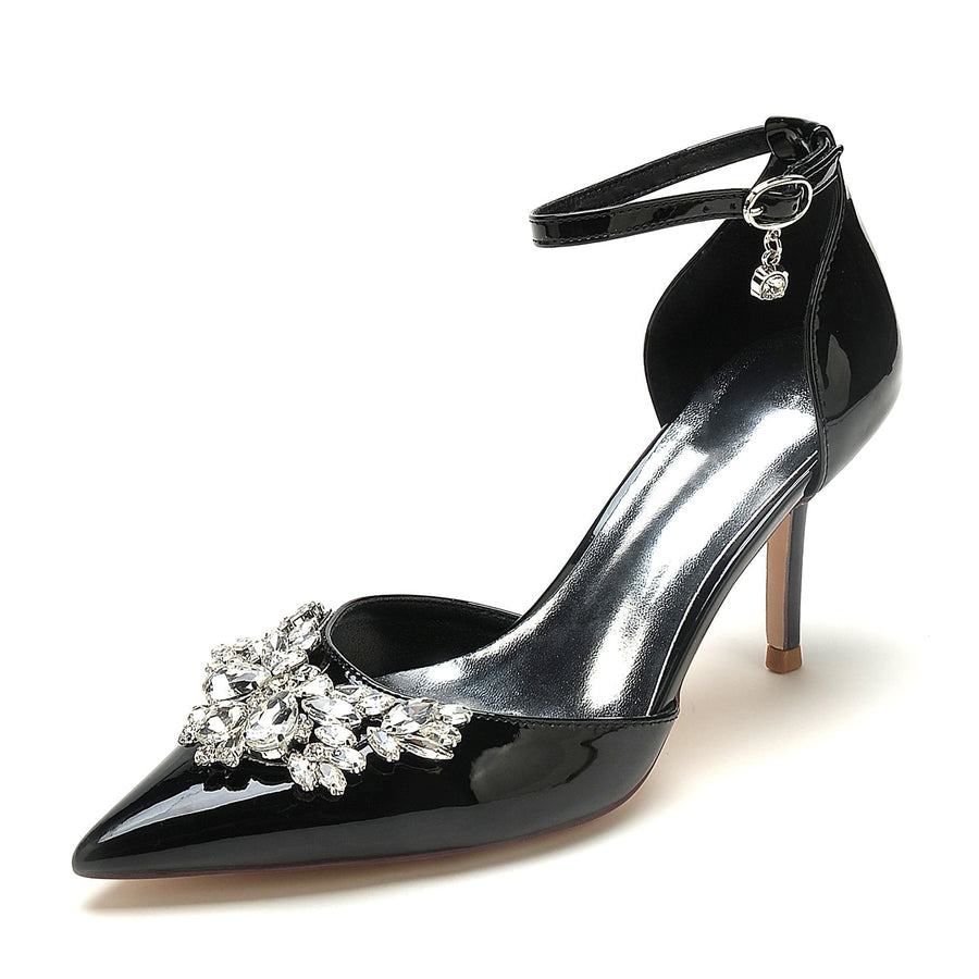 Damen Lackleder Spiegelfinish Mit Knöchelriemen Strass Geschlossene Zehen Stiletto Absatz Brautschuhe