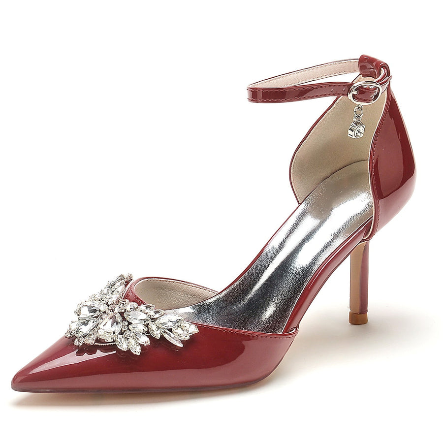 Damen Lackleder Spiegelfinish Mit Knöchelriemen Strass Geschlossene Zehen Stiletto Absatz Brautschuhe