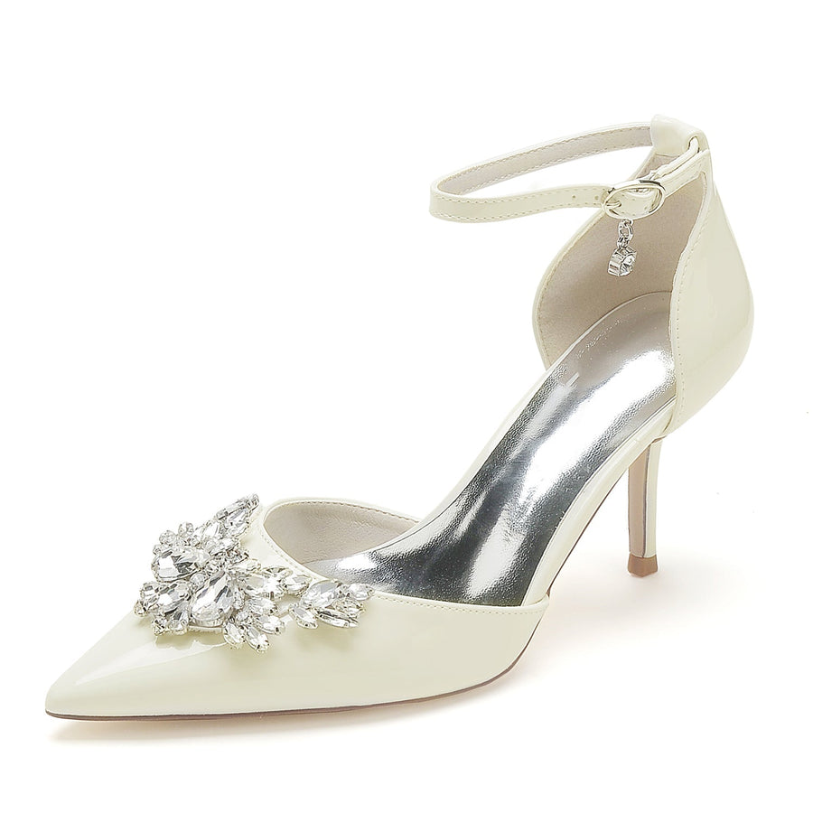 Damen Lackleder Spiegelfinish Mit Knöchelriemen Strass Geschlossene Zehen Stiletto Absatz Brautschuhe