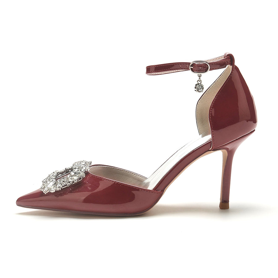 Damen Lackleder Spiegel Finish Knöchelriemen Strass Geschlossene Zehen Stiletto Absatz Abendschuhe