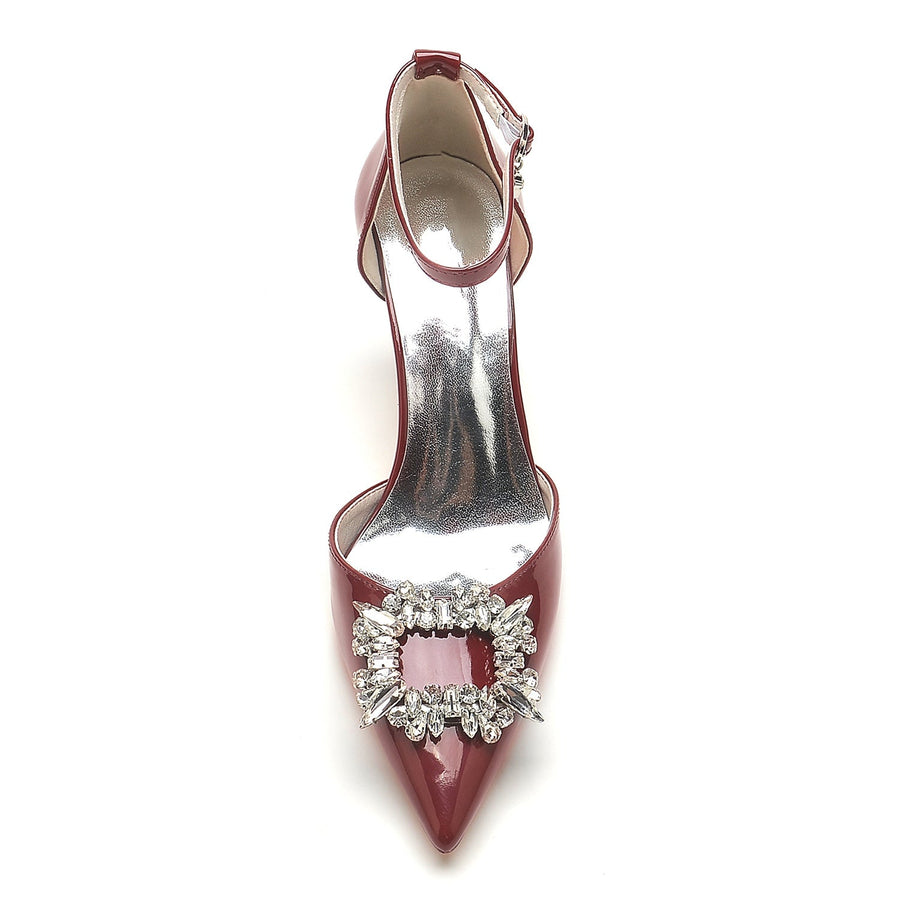 Damen Lackleder Spiegel Finish Knöchelriemen Strass Geschlossene Zehen Stiletto Absatz Abendschuhe