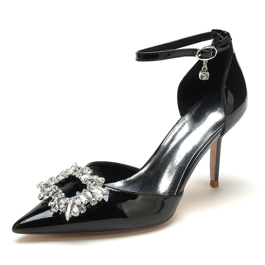 Damen Lackleder Spiegel Finish Knöchelriemen Strass Geschlossene Zehen Stiletto Absatz Abendschuhe