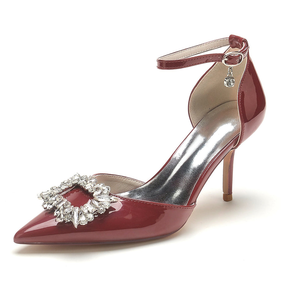 Damen Lackleder Spiegel Finish Knöchelriemen Strass Geschlossene Zehen Stiletto Absatz Abendschuhe