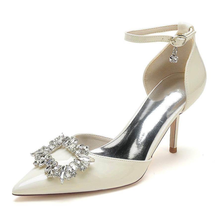 Damen Lackleder Spiegel Finish Knöchelriemen Strass Geschlossene Zehen Stiletto Absatz Abendschuhe