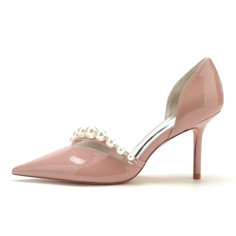 Damen Lackleder Spiegel Finish Perle Geschlossene Zehen Stiletto Absatz Party Schuhe