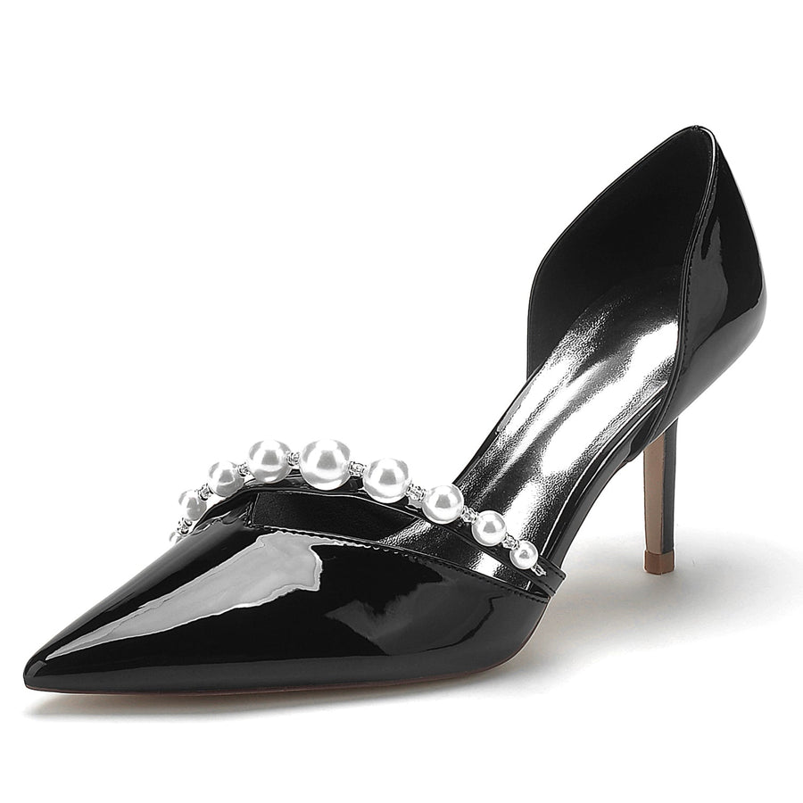 Damen Lackleder Spiegel Finish Perle Geschlossene Zehen Stiletto Absatz Party Schuhe