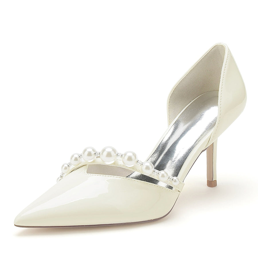 Damen Lackleder Spiegel Finish Perle Geschlossene Zehen Stiletto Absatz Party Schuhe