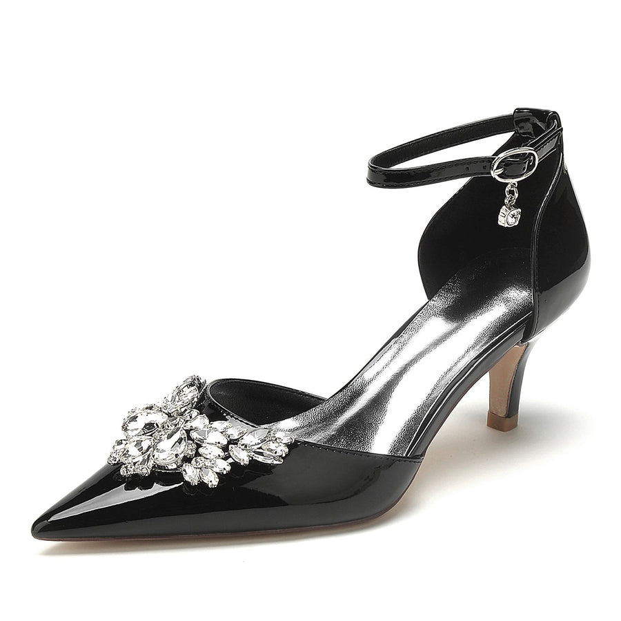 Damen Lackleder Spiegelfinish Mit Knöchelriemen Strass Geschlossene Zehen Stiletto Absatz Abendschuhe