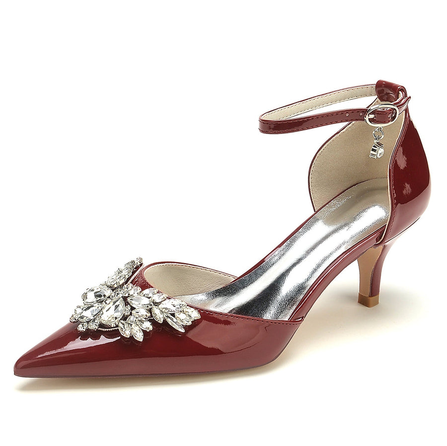 Damen Lackleder Spiegelfinish Mit Knöchelriemen Strass Geschlossene Zehen Stiletto Absatz Abendschuhe