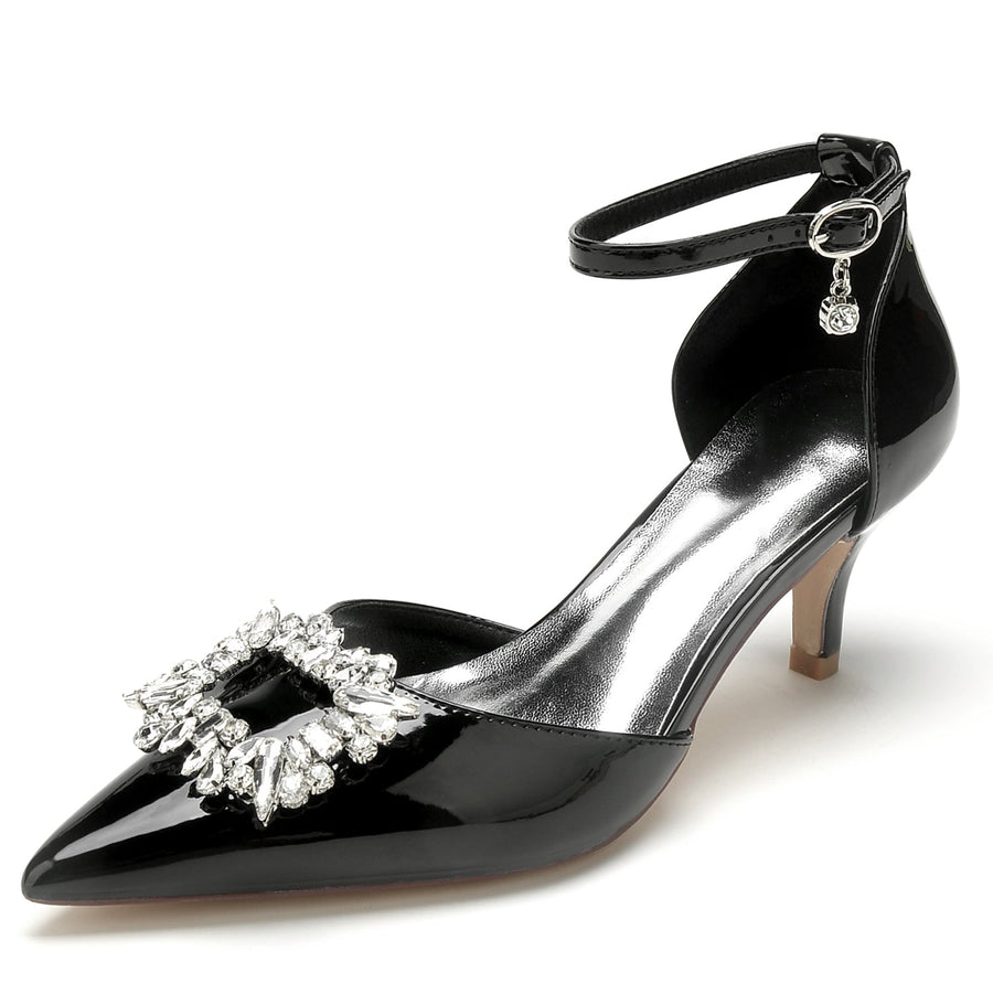 Damen Lackleder Spiegelfinish Mit Knöchelriemen Strass Geschlossene Zehen Stiletto Absatz Party Schuhe