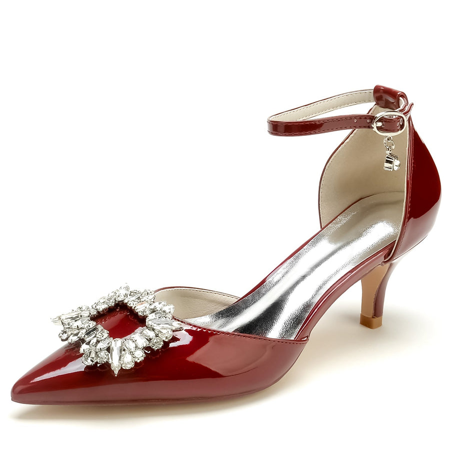 Damen Lackleder Spiegelfinish Mit Knöchelriemen Strass Geschlossene Zehen Stiletto Absatz Party Schuhe