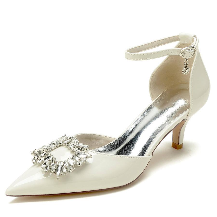 Damen Lackleder Spiegelfinish Mit Knöchelriemen Strass Geschlossene Zehen Stiletto Absatz Party Schuhe