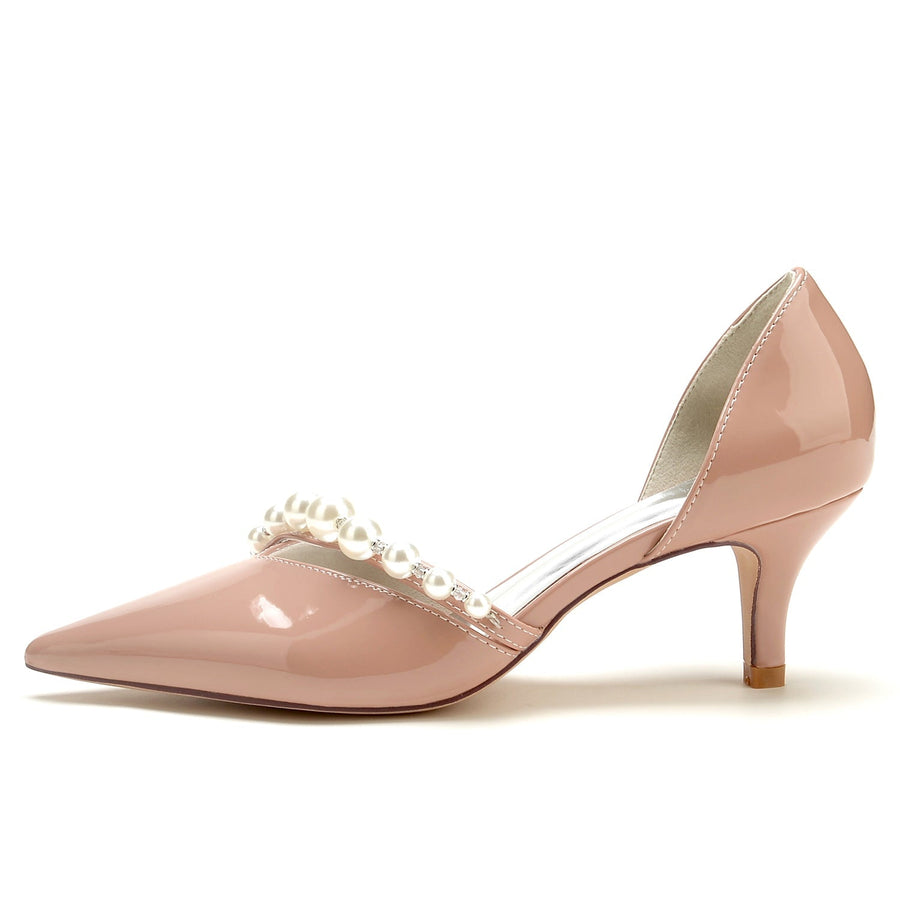 Damen Lackleder Spiegel Finish Mit Perle Geschlossene Zehen Stiletto Absatz Party Schuhe