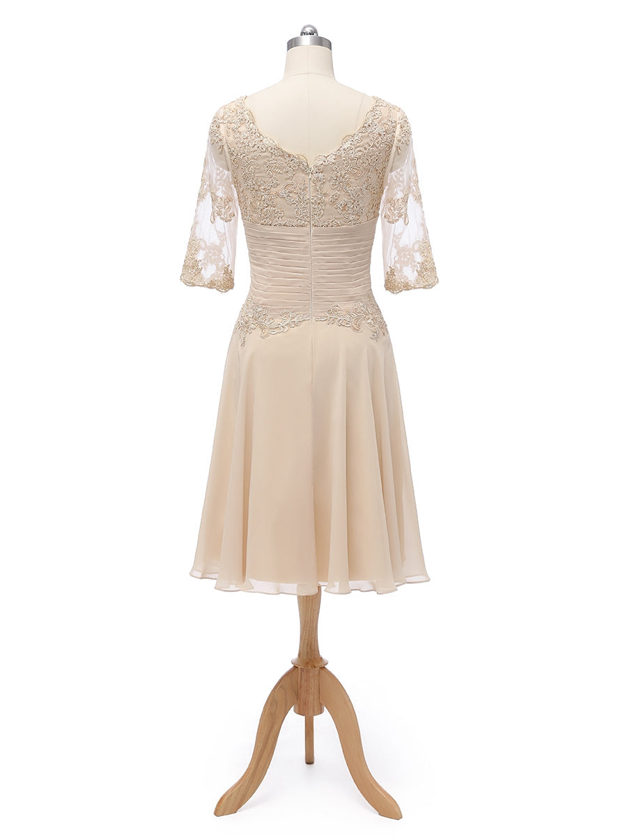 A-Linie/Princess-Linie U-Ausschnitt Halbe Ärmel Chiffon mit Falten Applikation Knielang Brautjungfernkleider