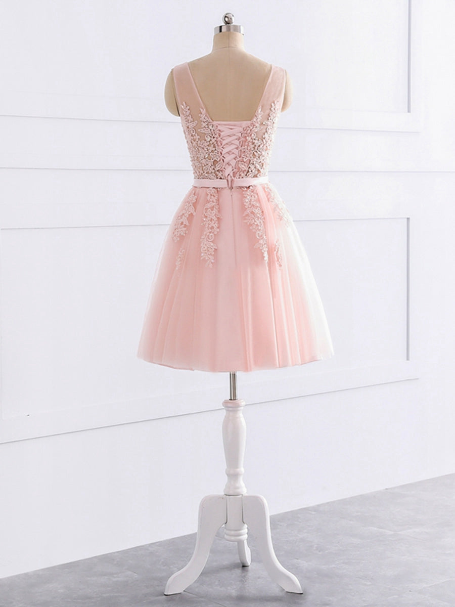 A-Linie/Prinzessin V-Ausschnitt Ärmellos Tüll mit Applizierten Pailletten Kurze/Mini-Brautjungfernkleider