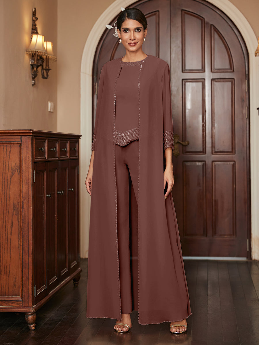 Chiffon Rundhalsausschnitt 3/4 Ärmel 3 Stück Hosenanzüge mit Pailletten & Jacke