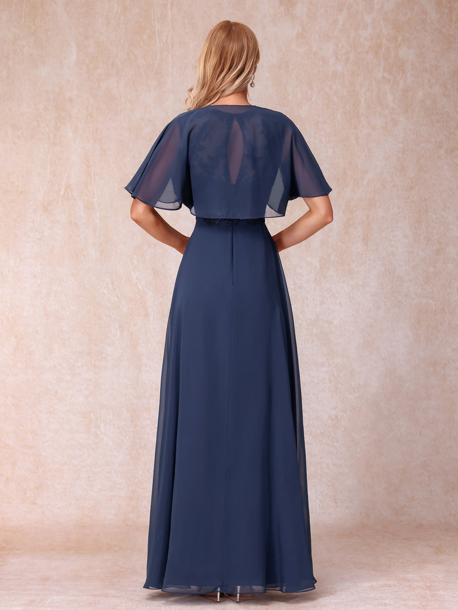 Langes A-Linien-Chiffon-Kleid für die Brautmutter mit Jacke & Applikationen