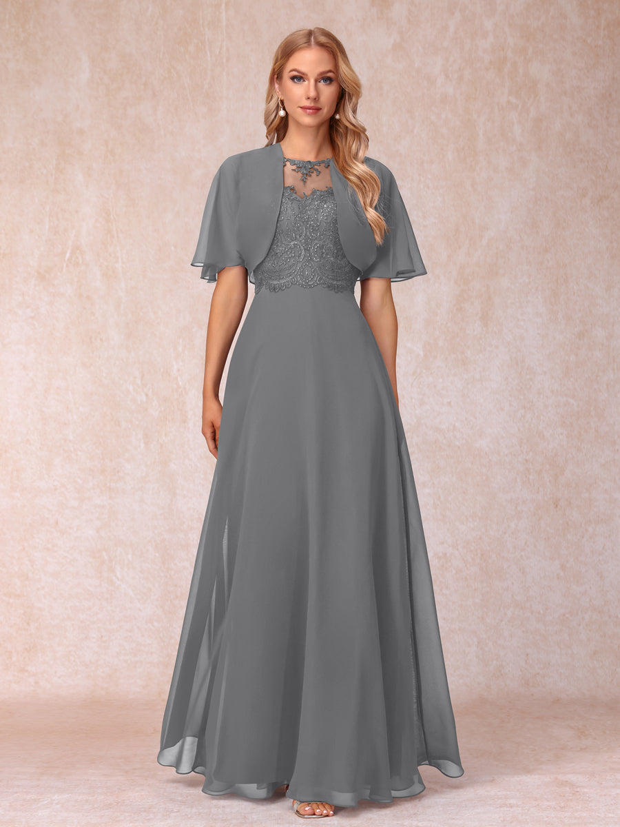 Langes A-Linien-Chiffon-Kleid für die Brautmutter mit Jacke & Applikationen