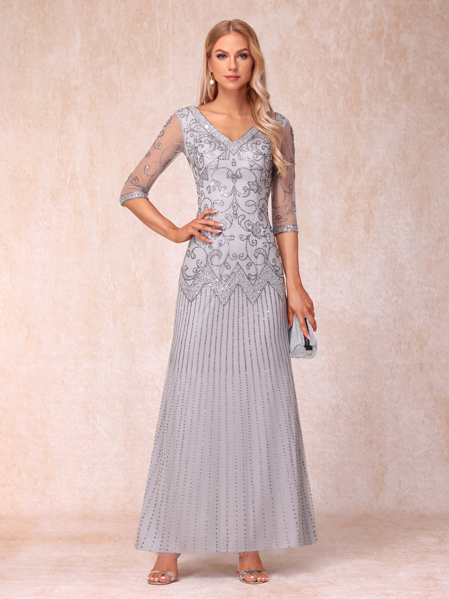 abendkleid mit handschuhen Etui-/Säulen-V-Ausschnitt 3/4-Ärmel Lange Formelle Abendkleider mit Pe