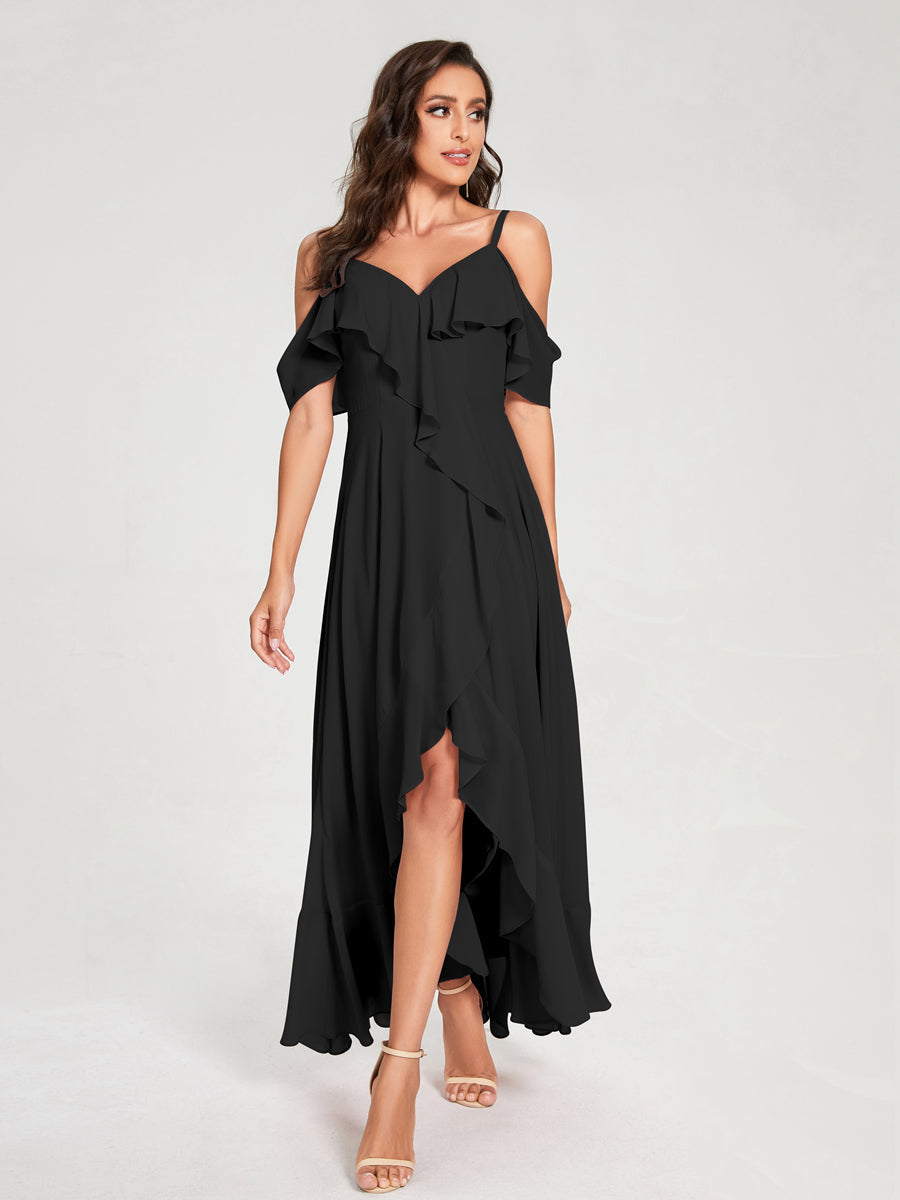 A-Linie/Princess-Linie Chiffon Spaghettiträger V-Ausschnitt Kurze Ärmel mit Rüschen Asymmetrische Brautjungfernkleider