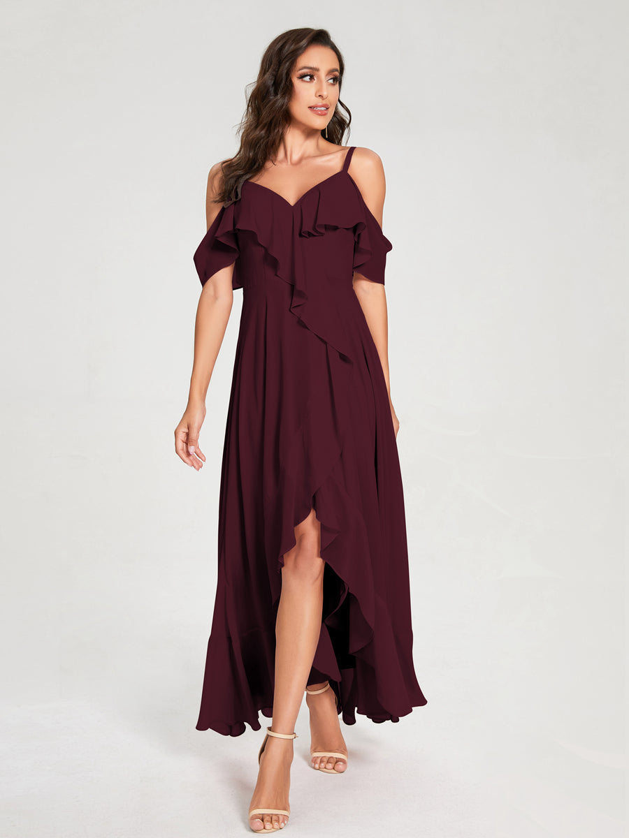 A-Linie/Princess-Linie Chiffon Spaghettiträger V-Ausschnitt Kurze Ärmel mit Rüschen Asymmetrische Brautjungfernkleider