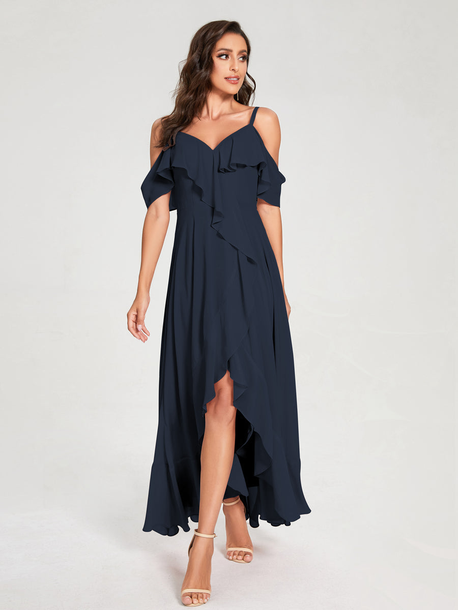 A-Linie/Princess-Linie Chiffon Spaghettiträger V-Ausschnitt Kurze Ärmel mit Rüschen Asymmetrische Brautjungfernkleider