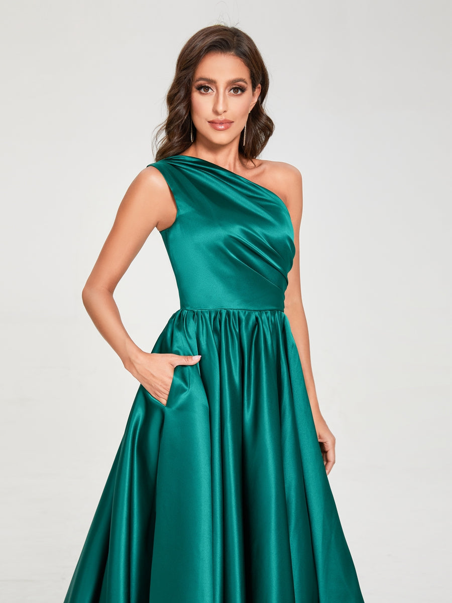 A-Linie/Princess-Linie One-Shoulder-Träger Ärmellos Satin mit Falten Bodenlang Seitlich Geschlitzte Brautjungfernkleider