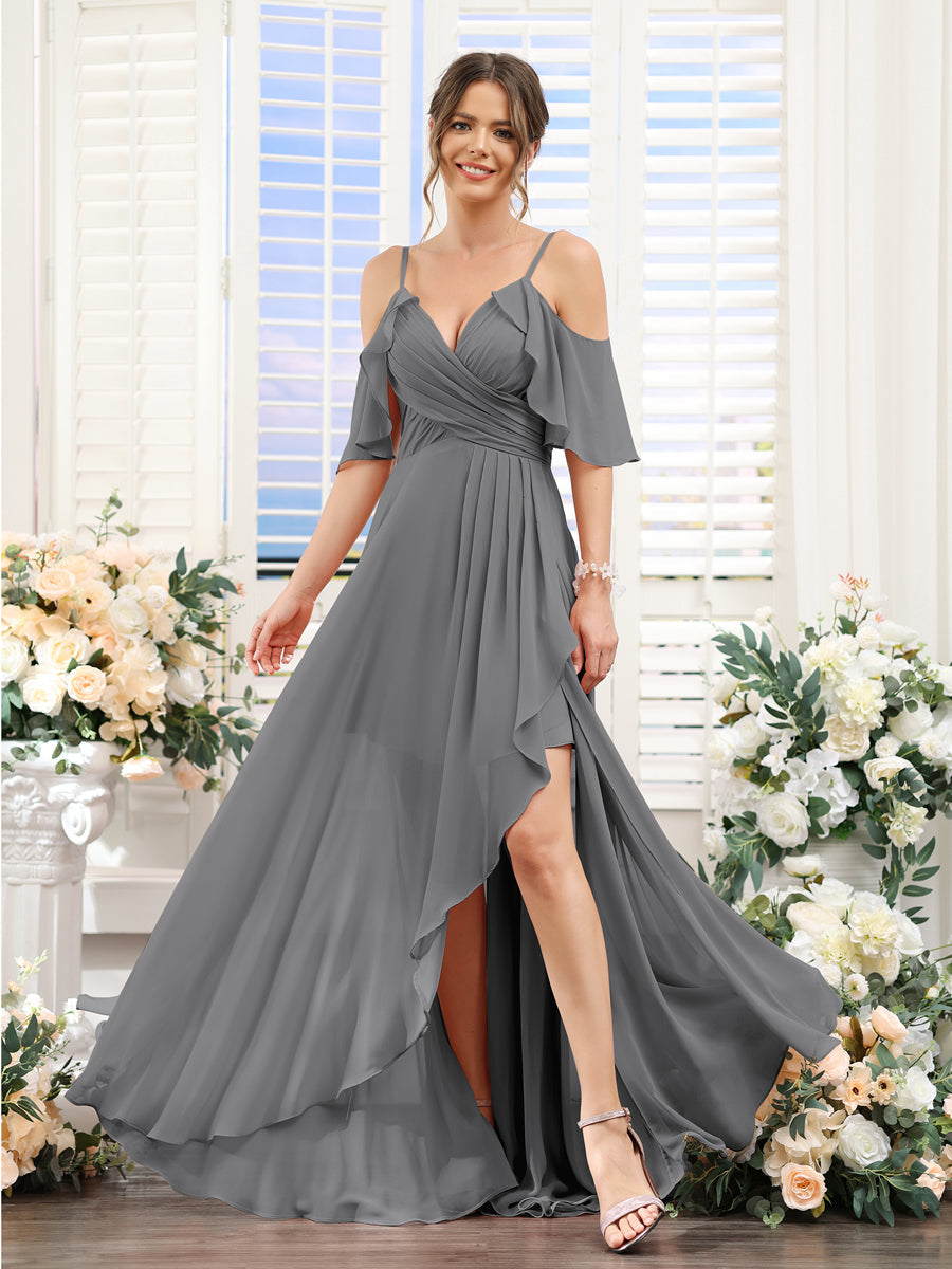 A-Linie V-Ausschnitt Spaghettiträger Kurze Ärmel Asymmetrisches Brautjungfernkleid aus Chiffon