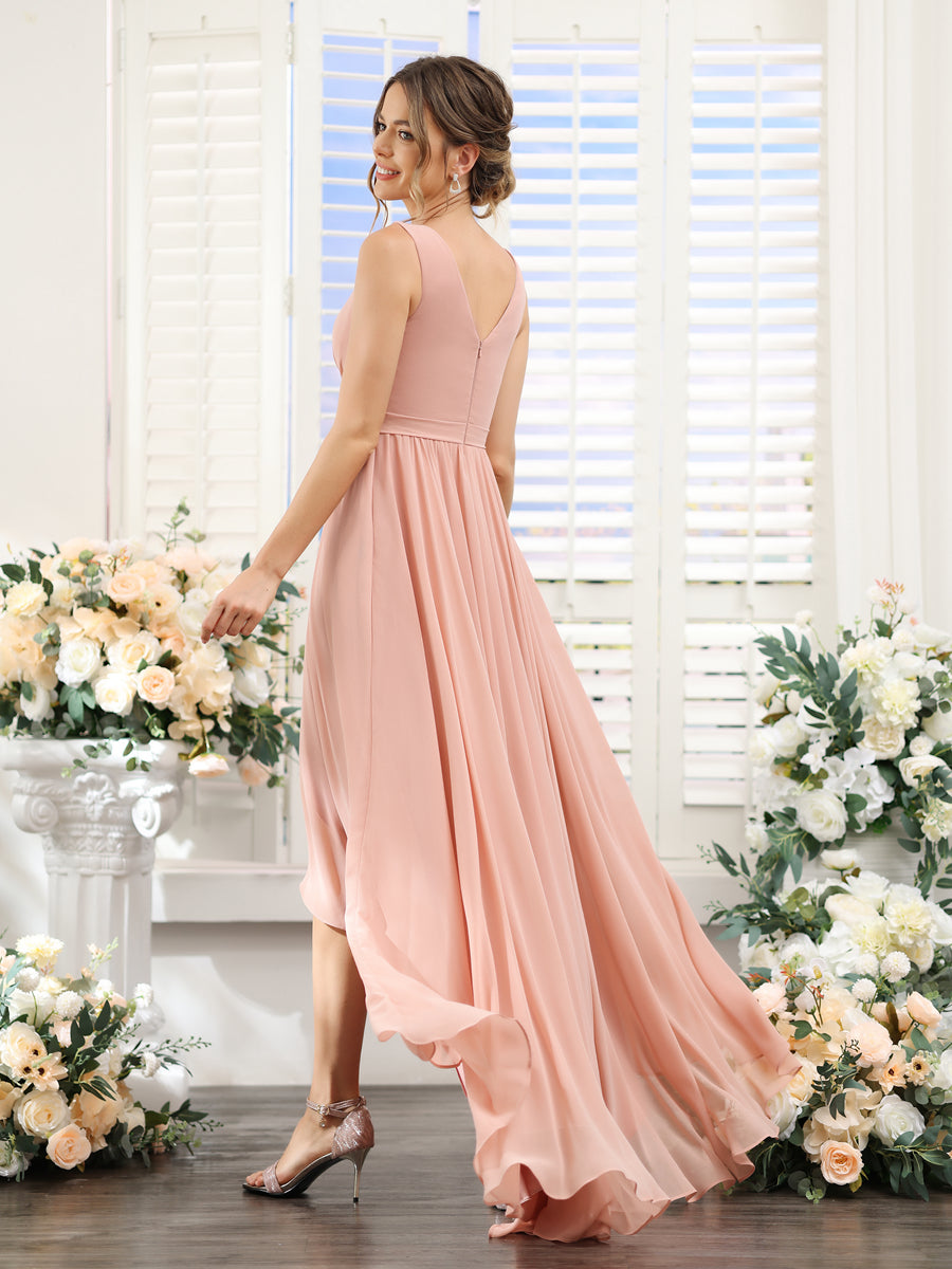 A-Linie V-Ausschnitt Ärmellos Gerüscht Asymmetrisch Chiffon-Brautjungfernkleider