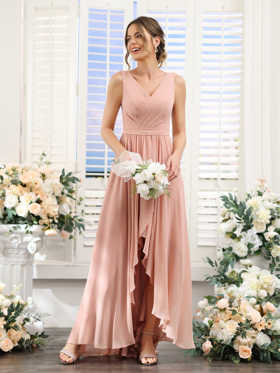 A-Linie V-Ausschnitt Ärmellos Gerüscht Asymmetrisch Chiffon-Brautjungfernkleider
