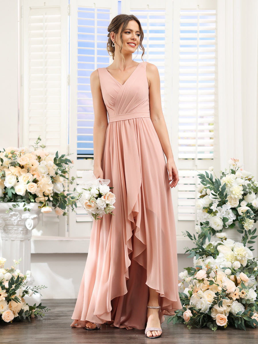 A-Linie V-Ausschnitt Ärmellos Gerüscht Asymmetrisch Chiffon-Brautjungfernkleider