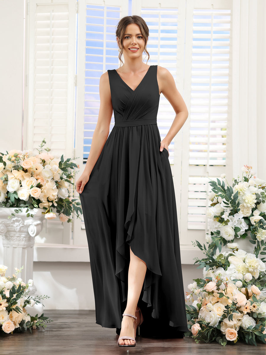 A-Linie V-Ausschnitt Ärmellos Gerüscht Asymmetrisch Chiffon-Brautjungfernkleider