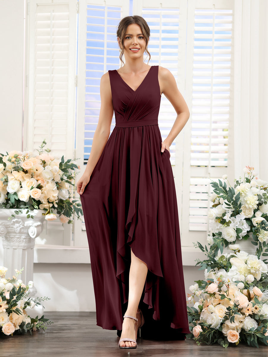 A-Linie V-Ausschnitt Ärmellos Gerüscht Asymmetrisch Chiffon-Brautjungfernkleider