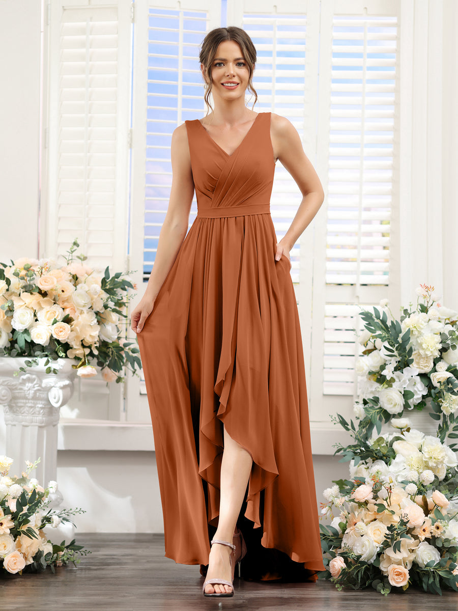A-Linie V-Ausschnitt Ärmellos Gerüscht Asymmetrisch Chiffon-Brautjungfernkleider