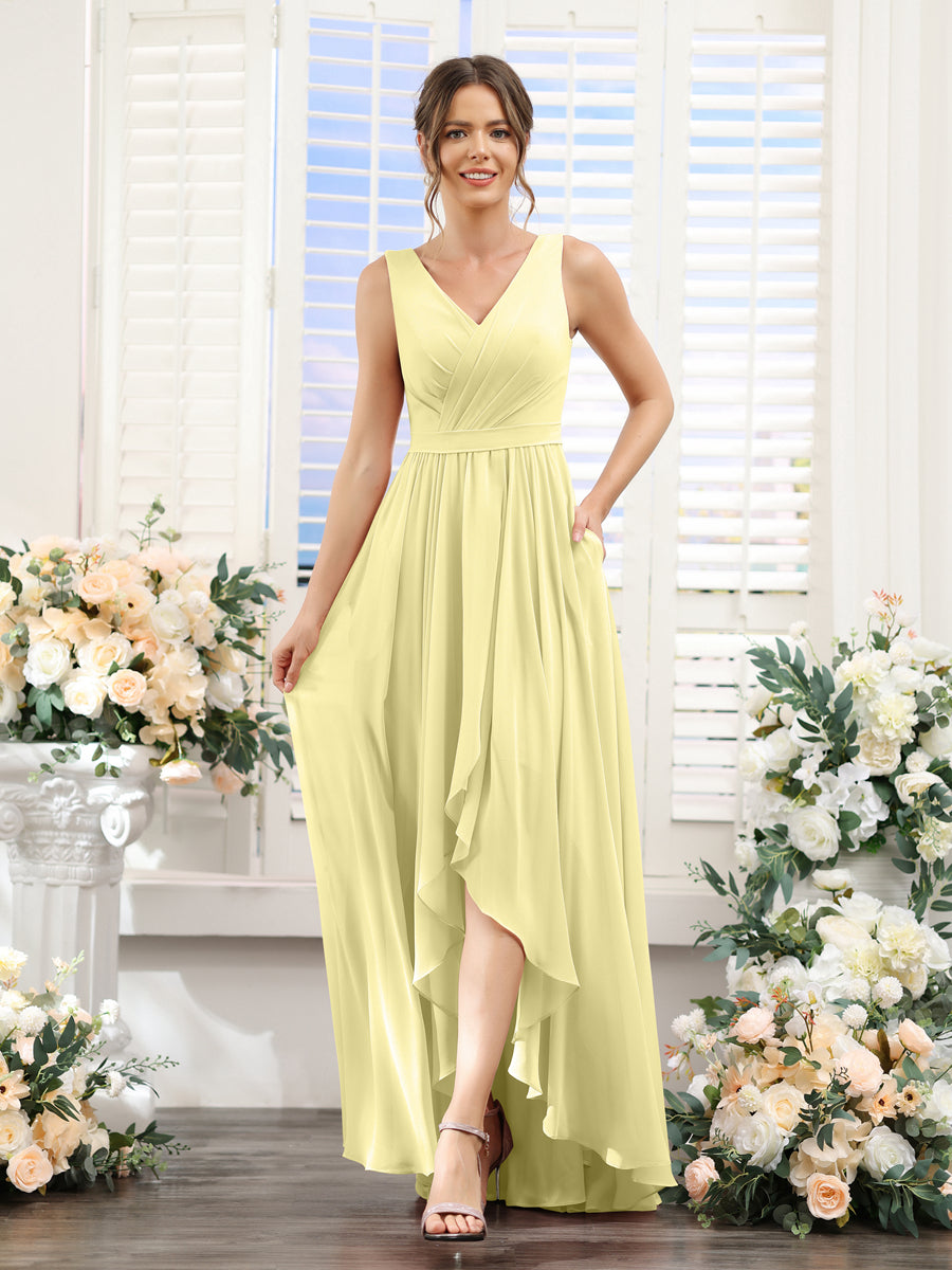 A-Linie V-Ausschnitt Ärmellos Gerüscht Asymmetrisch Chiffon-Brautjungfernkleider
