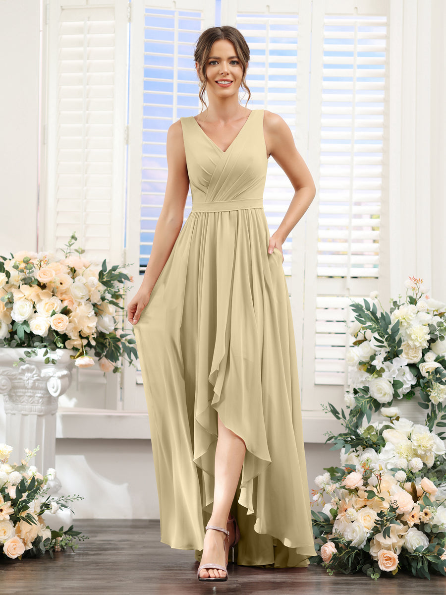 A-Linie V-Ausschnitt Ärmellos Gerüscht Asymmetrisch Chiffon-Brautjungfernkleider
