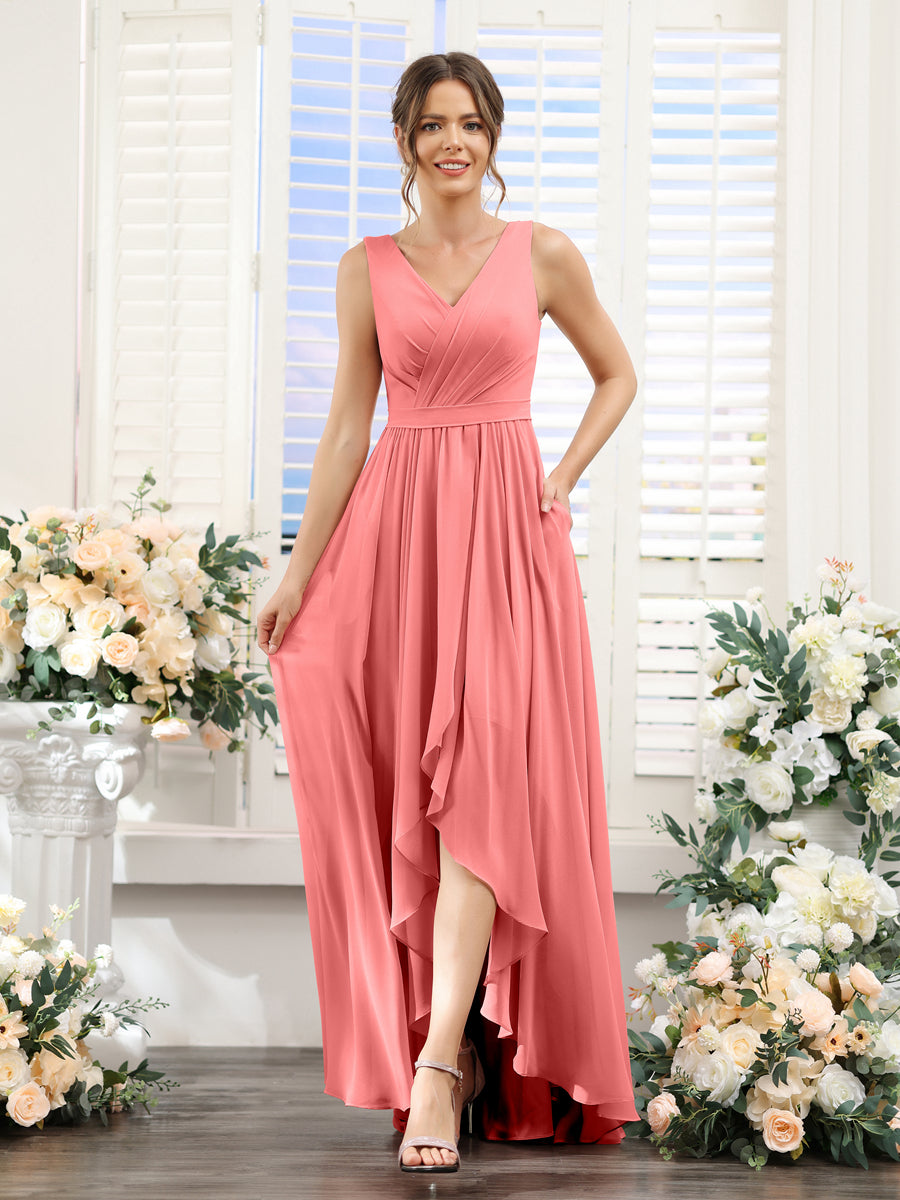 A-Linie V-Ausschnitt Ärmellos Gerüscht Asymmetrisch Chiffon-Brautjungfernkleider