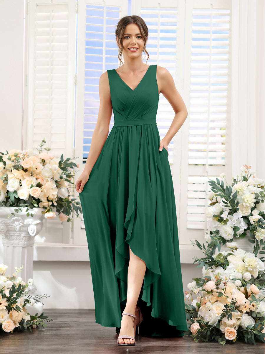 A-Linie V-Ausschnitt Ärmellos Gerüscht Asymmetrisch Chiffon-Brautjungfernkleider