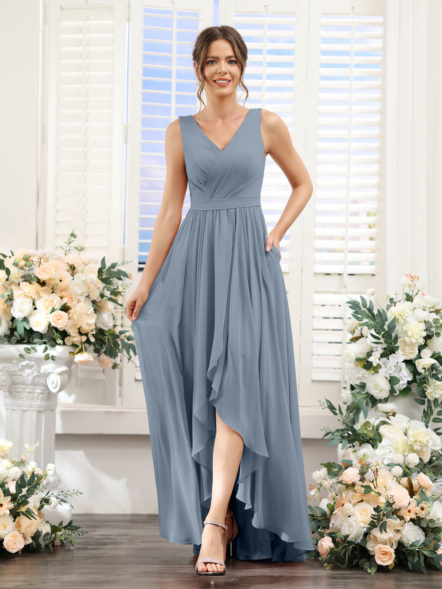 A-Linie V-Ausschnitt Ärmellos Gerüscht Asymmetrisch Chiffon-Brautjungfernkleider