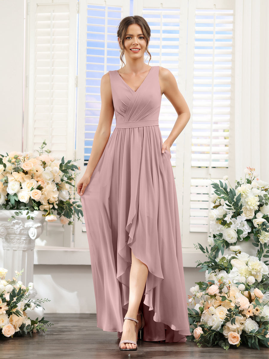 A-Linie V-Ausschnitt Ärmellos Gerüscht Asymmetrisch Chiffon-Brautjungfernkleider