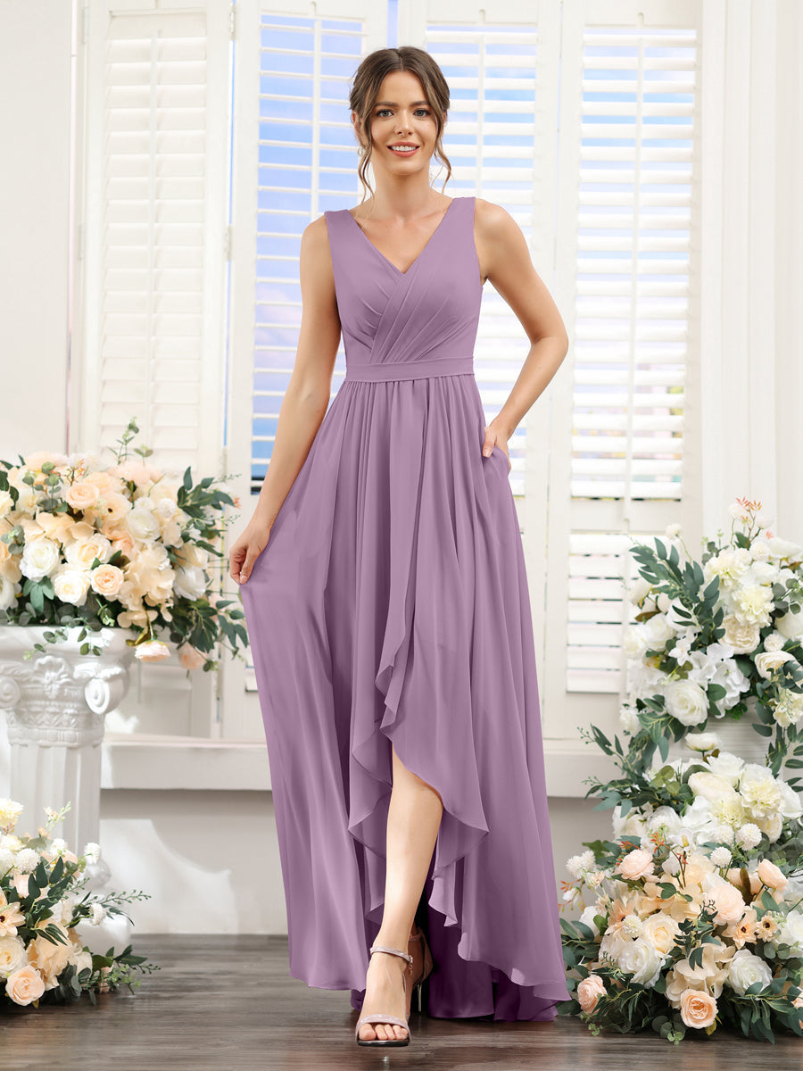 A-Linie V-Ausschnitt Ärmellos Gerüscht Asymmetrisch Chiffon-Brautjungfernkleider