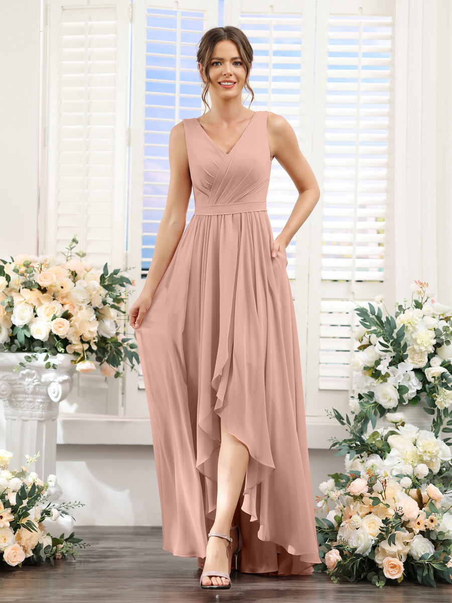 A-Linie V-Ausschnitt Ärmellos Gerüscht Asymmetrisch Chiffon-Brautjungfernkleider