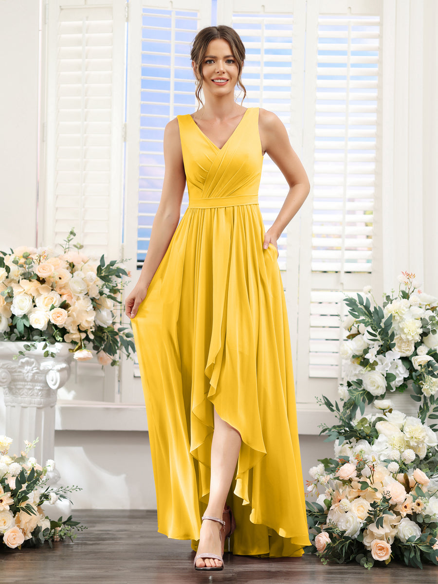 A-Linie V-Ausschnitt Ärmellos Gerüscht Asymmetrisch Chiffon-Brautjungfernkleider