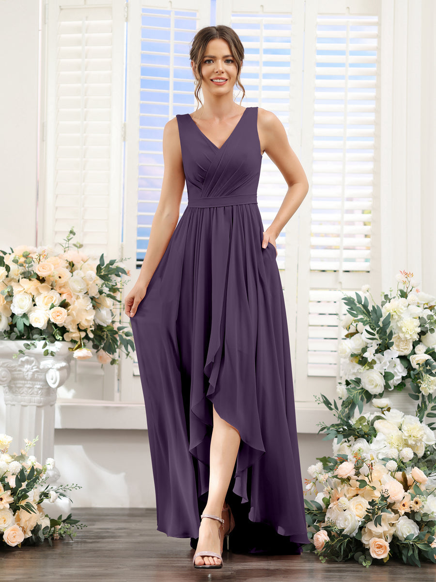 A-Linie V-Ausschnitt Ärmellos Gerüscht Asymmetrisch Chiffon-Brautjungfernkleider