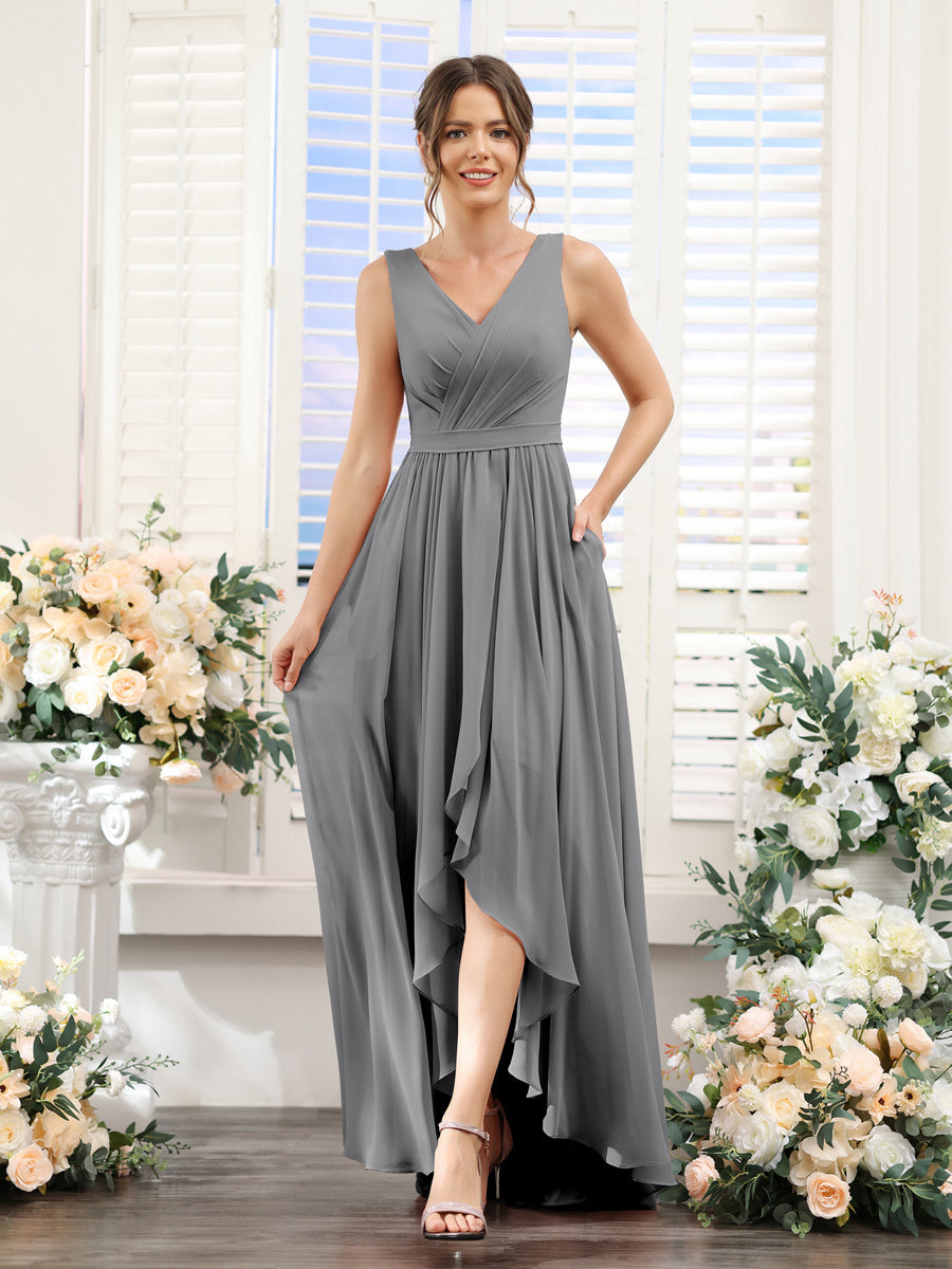 A-Linie V-Ausschnitt Ärmellos Gerüscht Asymmetrisch Chiffon-Brautjungfernkleider