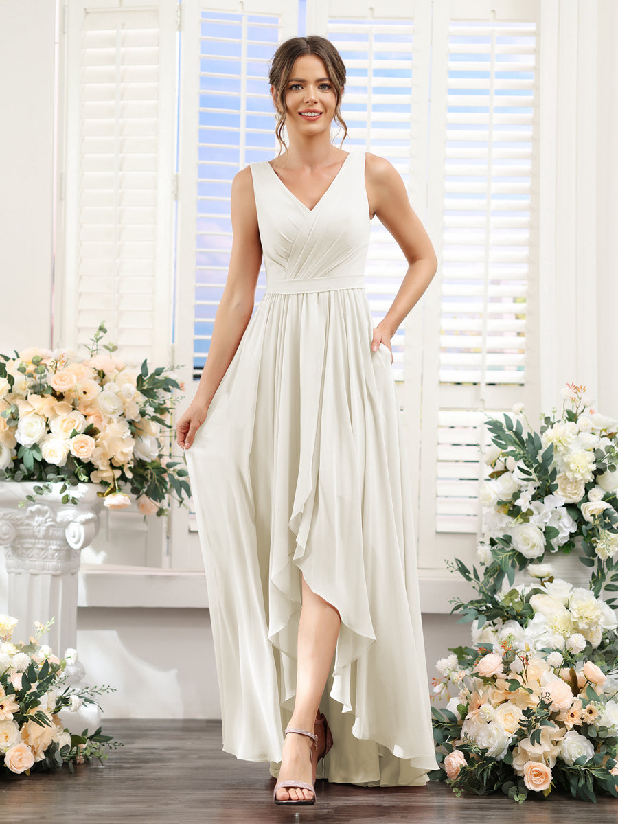 A-Linie V-Ausschnitt Ärmellos Gerüscht Asymmetrisch Chiffon-Brautjungfernkleider
