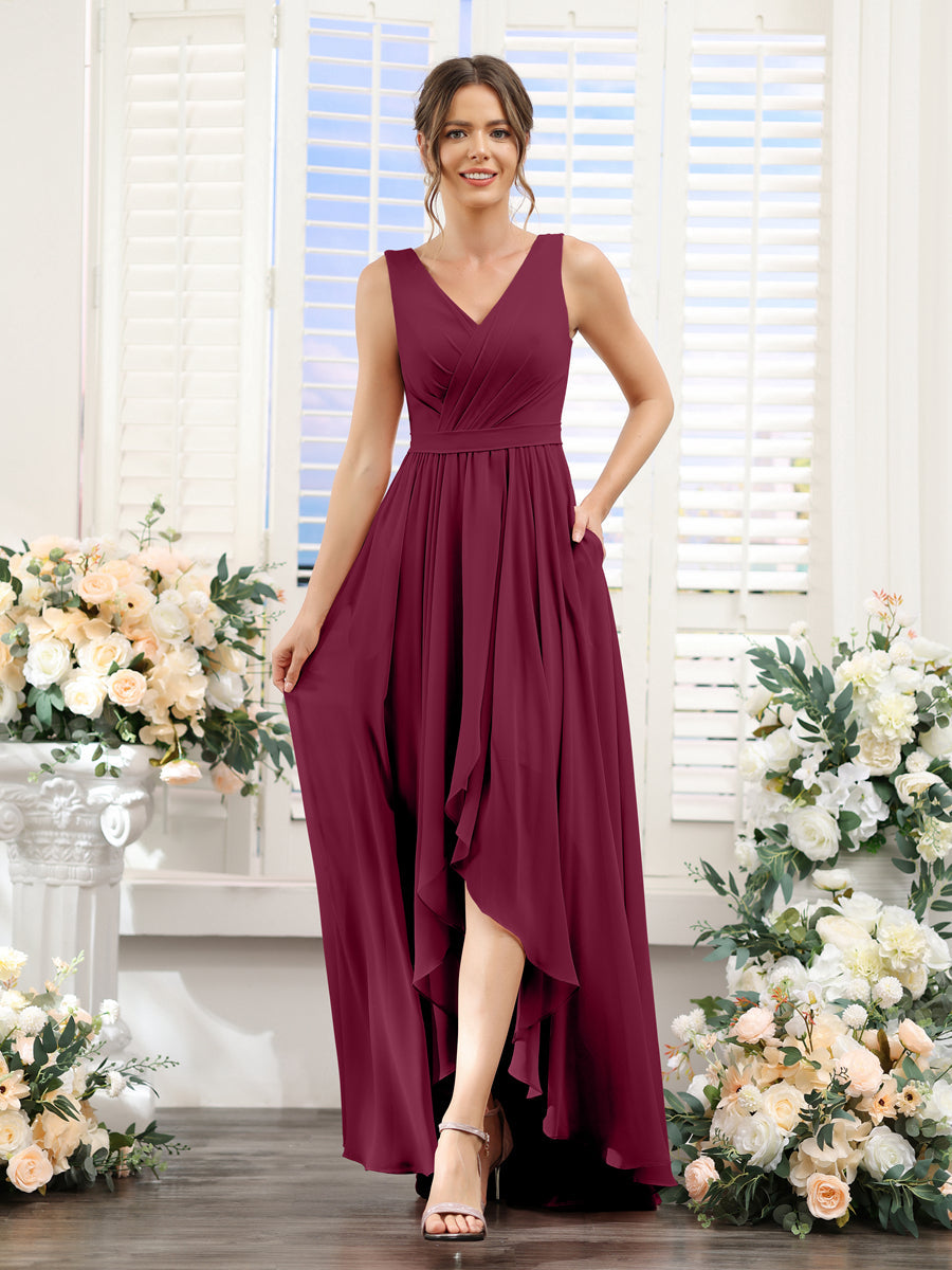 A-Linie V-Ausschnitt Ärmellos Gerüscht Asymmetrisch Chiffon-Brautjungfernkleider