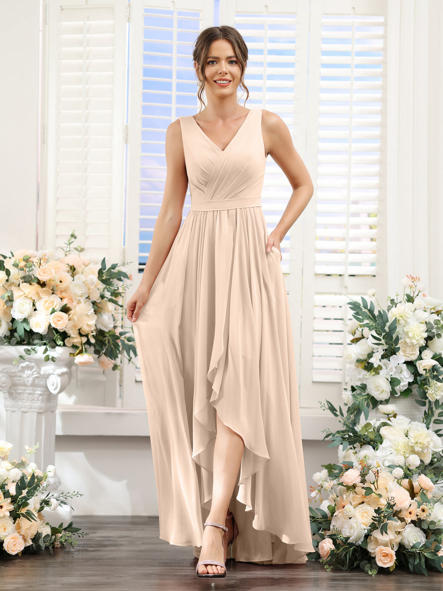 A-Linie V-Ausschnitt Ärmellos Gerüscht Asymmetrisch Chiffon-Brautjungfernkleider